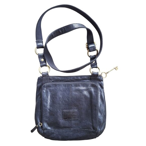 Fossil Black Leather Crossbody Bag With Key Charm & Multiple Compartments - Picture 1 of 14
